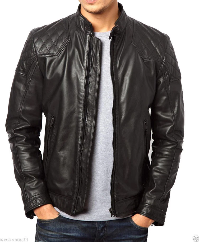 Men's Genuine Lambskin Leather Black Biker Jacket Real Soft Motorcycle Jacket