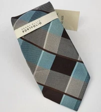 NWT Perry Ellis Portfolio Silk Tie Blue Brown Gray Plaid Men Necktie 57 x 3