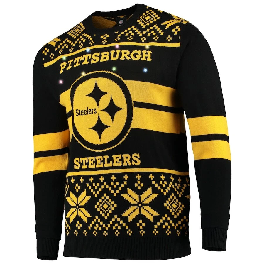 football Pittsburgh Black/Gold Light Up Ugly Sweater, Gift For Fan