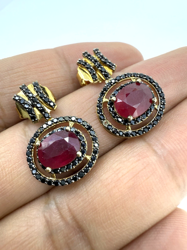Ruby & Black Onyx Yellow Gold Over Sterling Silver 925 Dangle Drop Earrings 1" - Picture 9 of 12