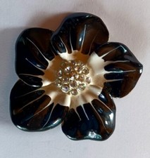 Vntg Black & White Enamel Brooch/ Pin Rhinestone Center Flower