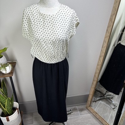 Vintage ~80 s Stuart Alan USA Made Black White Paisley/Solid Midi Dress Size 14