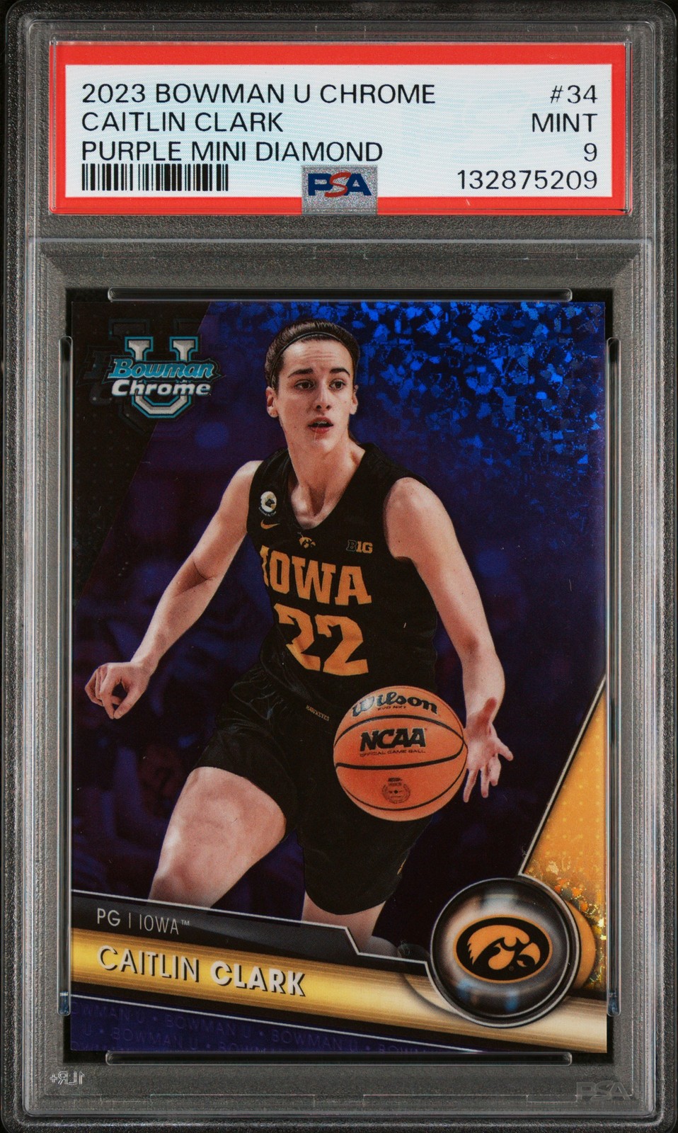 2023 BOWMAN UNIVERSITY CHROME PURPLE MINI DIAMOND CAITLIN CLARK 244/399 PSA 9