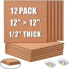 Cork Board 12"X12" - 1/2" Thick Square Bulletin Boards 12 Pack Cork Tiles with 1
