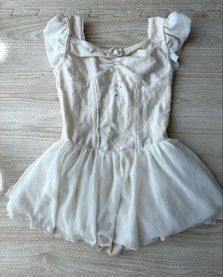 Chacott Ivory Ballet Leotard Frill Chiffon Ribbon-Detail Rhinestones