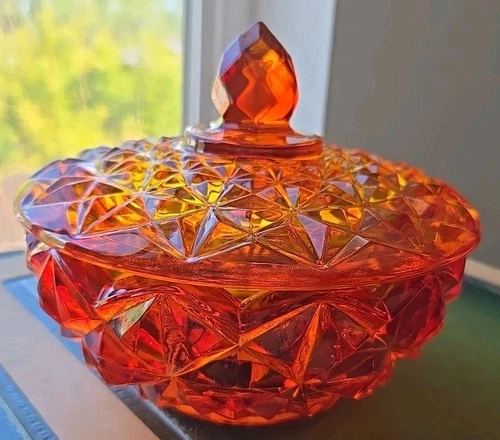 VTG Red / Orange Glass Covered Candy Dish 6" Diameter 5 1/2" Tall Depression