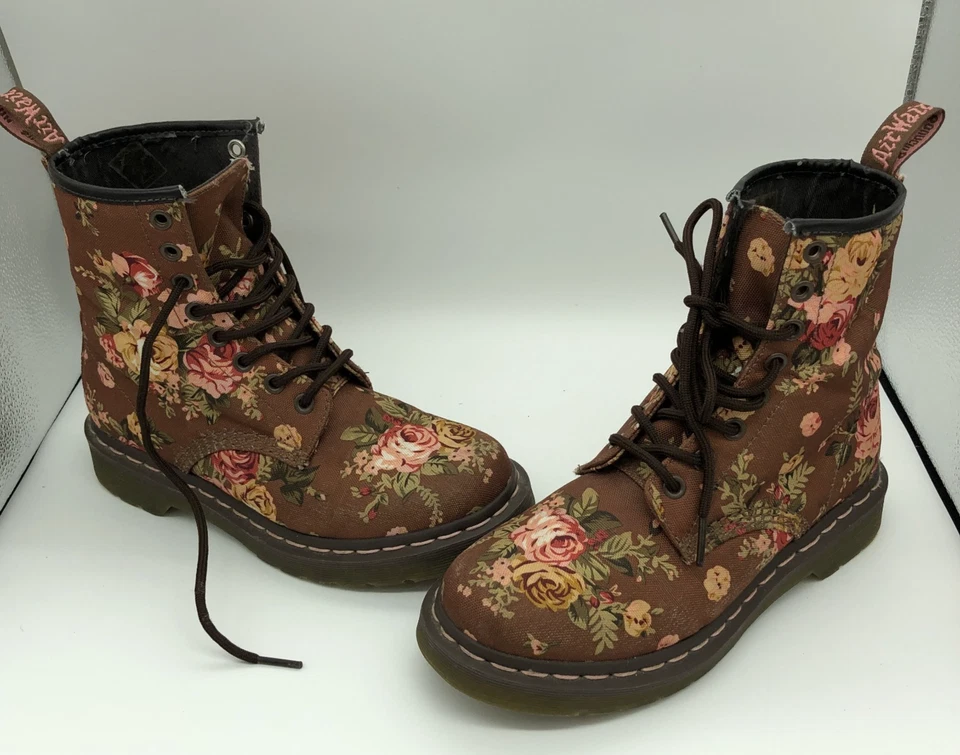 Dr Martens 1460 Victorian Roses Floral Canvas Women's 6 Brown Pink Combat Boots - Image 2 of 4