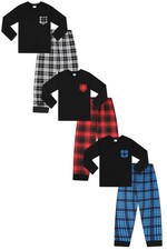 Boys 3 Pack Long Blue Black Red Check Pocket Pyjamas PJs For Kids
