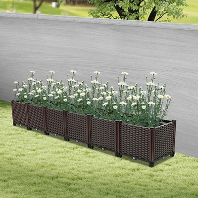 Brown 6-Section Planter Box Outdoor Self Watering Planter Box Large Raised Plant