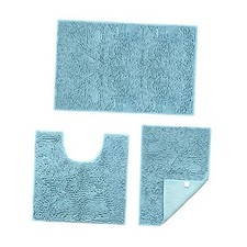 3 Pieces Bathroom Rug Set, Shaggy Ultra Soft Non Slip Bathroom Mat Light Blue