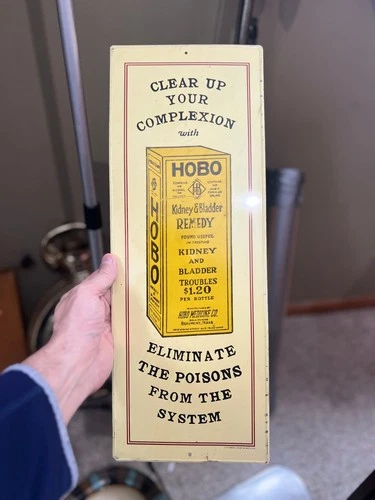 Hobo Tin Sign Vintage Kidney & Bladder Remedy Advertising Yellow Original Wall