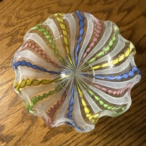 Vintage Murano Latticino Aventurine  Art Glass Centerpiece Bowl 5.5”