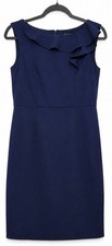 Nine West Womens Size 4 Navy Blue Sheath Dress Ruffle Sleeveless Career Office