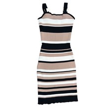 Fashion Nova Striped Ribbed Knit Bodycon Dress Tan Black White Gold O-Ring M