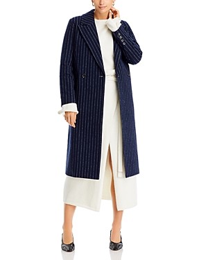 Aqua Double Breasted Coat Navy Pinstripe, Shell: 64% Polyester/36% Wool, Size Me