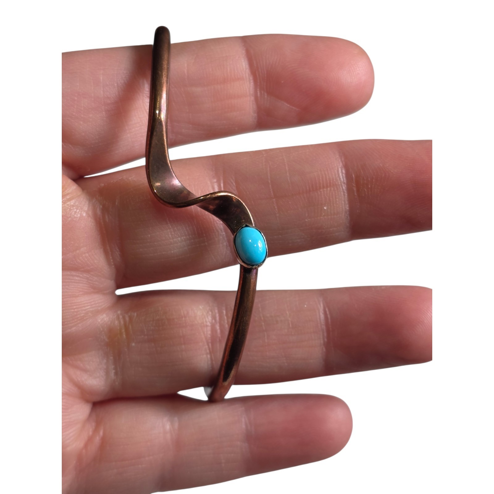 Signed Artisan Copper Cuff Bracelet Turquoise Cab… - image 3