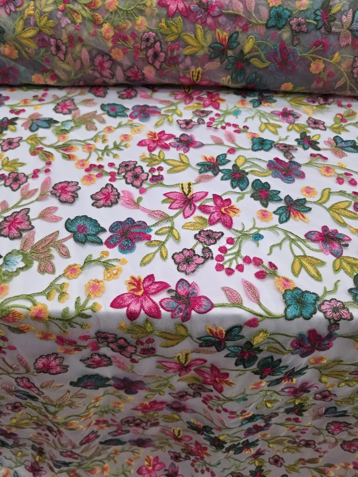 Fabric By The Yard Multicolor Lace Pink Fuchsia Embroidery Flowers On White Mesh - Image 3 of 4