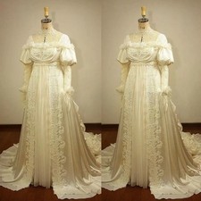 Victorian Prom Dress Light Champagne 17th Century Lace Appliqué Long Sleeve