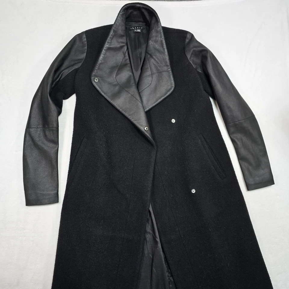 Theory "Tinn" Long Coat Women XS Goat Leather Wool Cashmere Bib Lapel Asymmetric - Image 3 of 4
