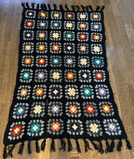 Vintage Hand Crocheted Granny Square Afghan Fringed Throw BLACK Multi  68" x 43"