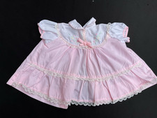 Embroidered Flowers Cradle Togs Baby Dress Pink Cotton Lace Trim Vintage