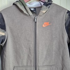 Nike Hoodie Youth Large Gray Camo Sleeve Full Zip Fleece Swoosh Logo Sweatshirt
