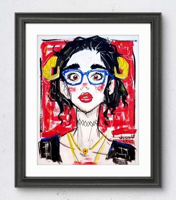 Colorful Modern Pop Art Female Portrait 14x11 Original Acrylic Painting on Paper