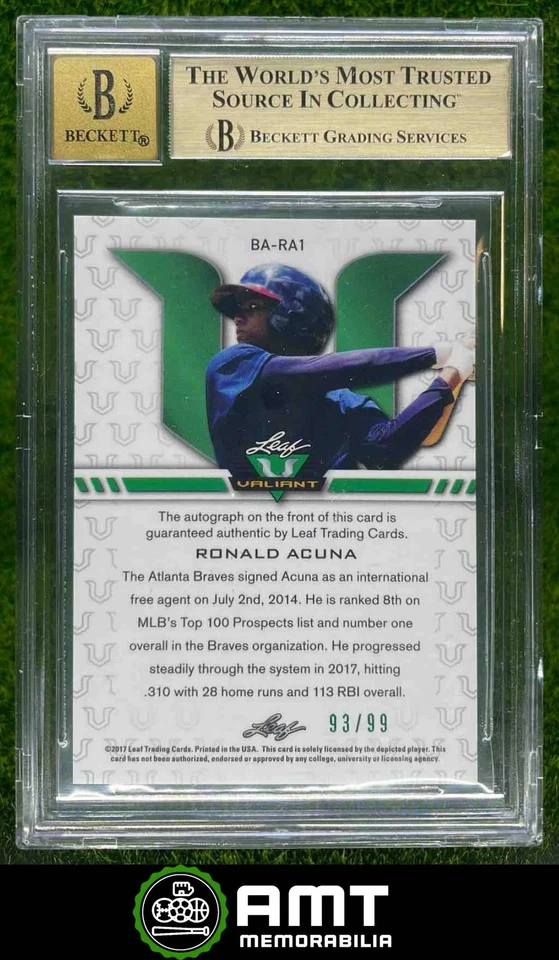 5676 2017 Leaf Valiant #BA-RA1 Ronald Acuna 93/99 Atlanta Braves BGS 9.5 Auto 10 - Image 2 of 3