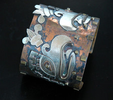 VTG  Maya Chunky Wide Mexico Mixed Metal Copper Silver Cuff Bracelet Eagles