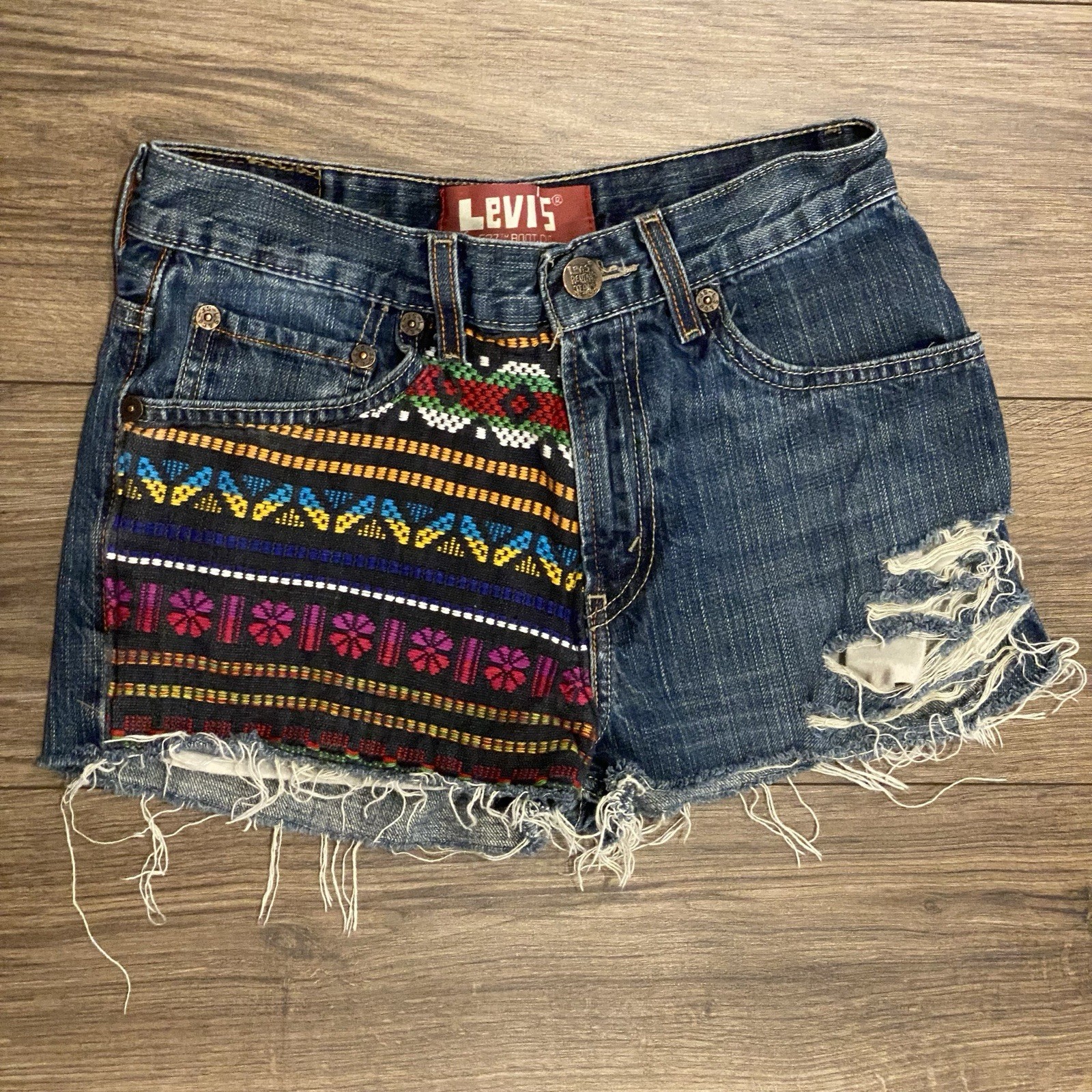Levis 527 VTG Tribal Woven Print Custom Cut Off Size 14 Womens 90’s Boho Hippie