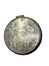 Vintage Powder Blush Mirror Compact Compartment Courting Couple Round Box