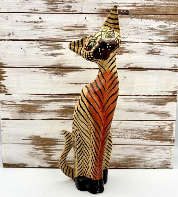 Vintage Hand Carved Wood Cat Colorful Striped Handpainted 12" Statue Figure