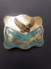 VINTAGE ALPACA SILVER  TURQUIOSE EAGLE BELT BUCKLE MADE IN MEXICO