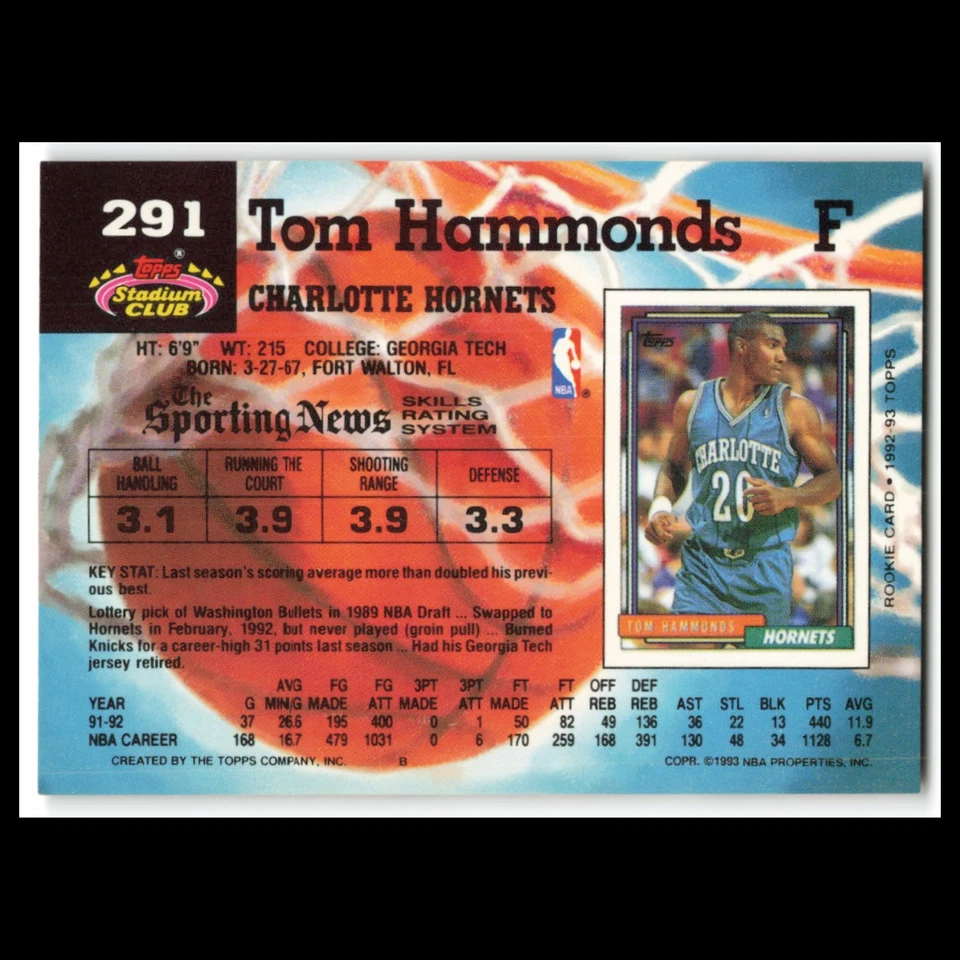 Tom Hammonds #291 1992 Topps Stadium Club Charlotte Hornets Basketball Card NBA - Image 2 of 3