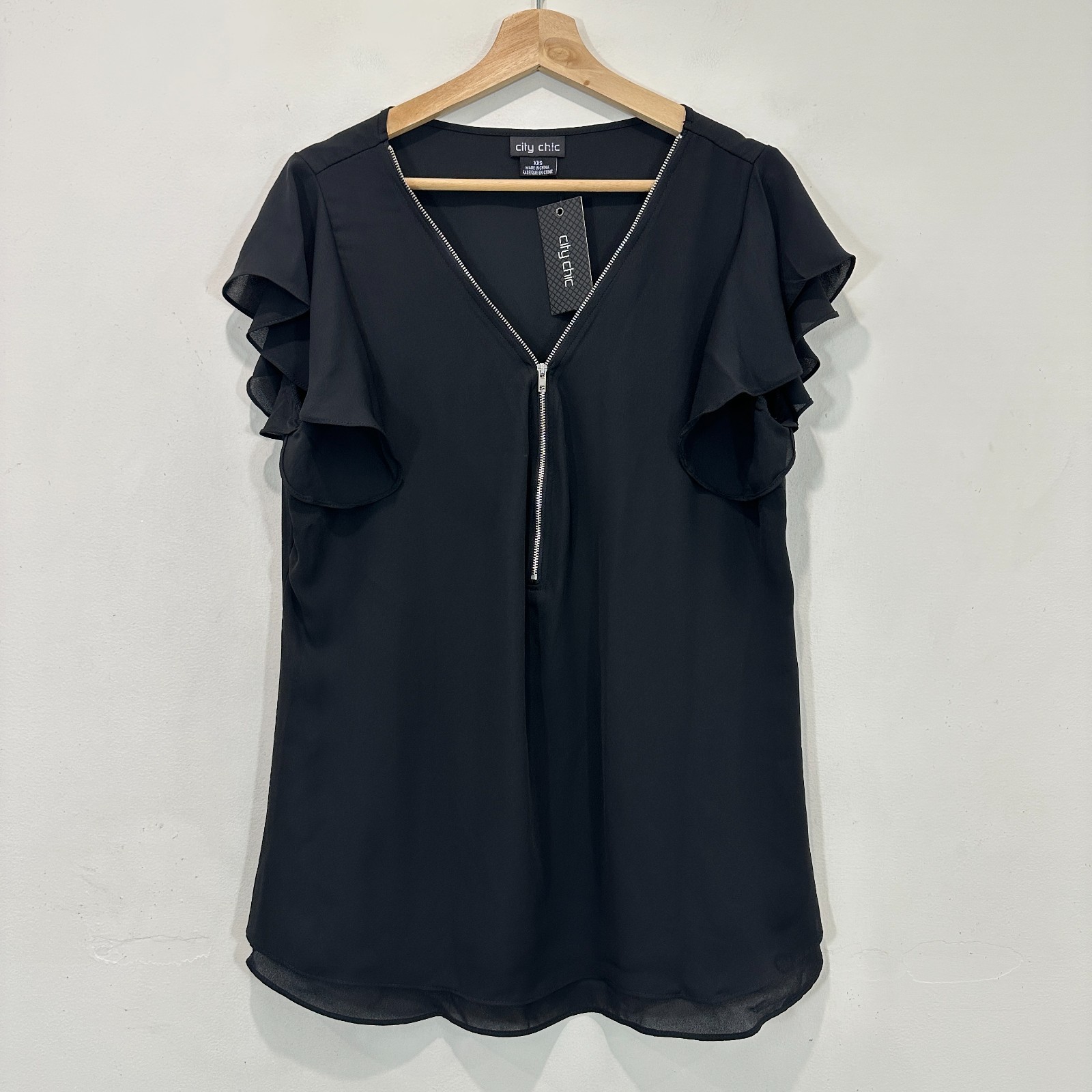 City Chic Top Women XXS (AU 12) Black Top Zip Fling Lined Flutter Sleeve NEW