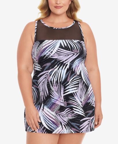 $119 Swim Solutions Plus Size High-Neck Tummy-Control Mesh Swimdress Black 18W