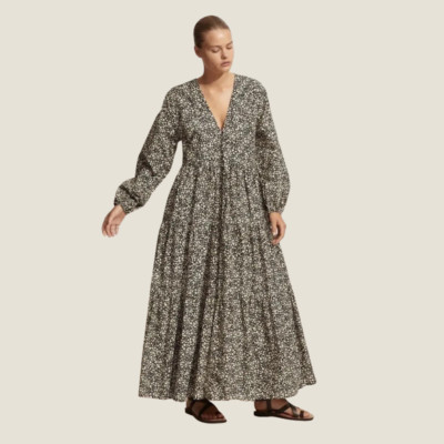 MATTEAU Long Sleeve Button Maxi Dress in Golden Primrose Floral, Size 2 (AU 8 /