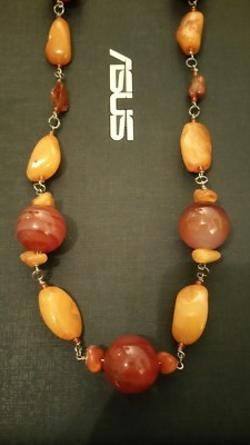 Collier Vintage En Argent 925 Avec Ambre Et Agate - Bijou Ancien Et Unique