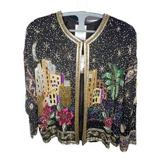 Laurence Kazar Arabian Nights Sequined Beaded Silk Evening Jacket Vintage 80s