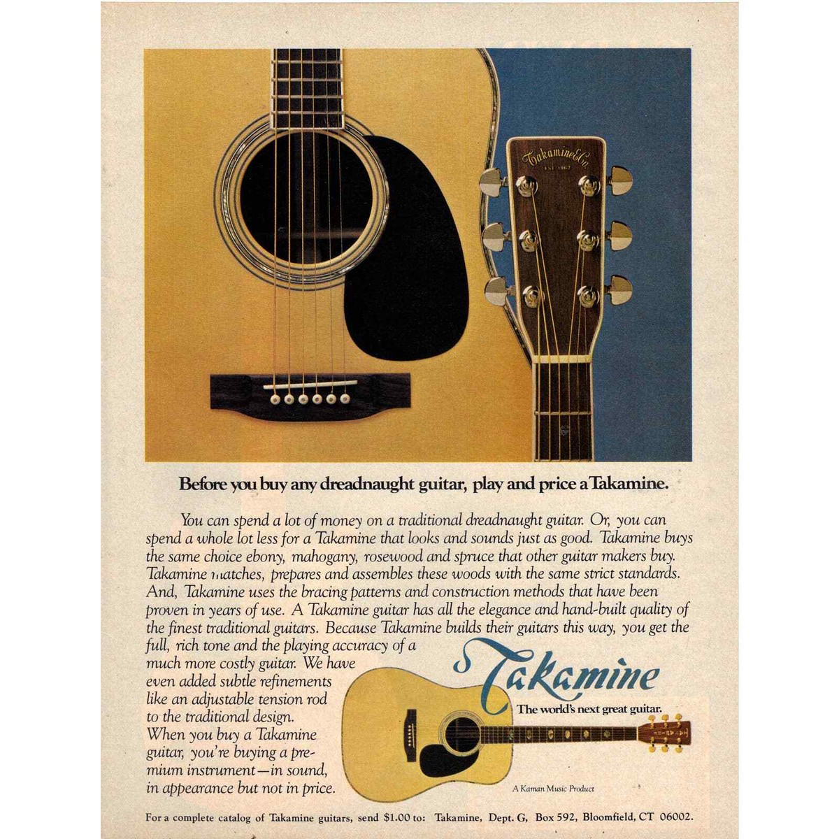 Vintage 1977 Print Ad for Takamine Guitars and Carvin DC150 Guitar