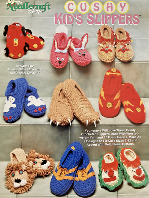 Cushy Kid's Slippers Crochet Pattern Booklet Rare Bunny Monster Lion Car Clown
