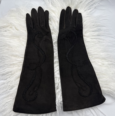 Vintage Pair Black Leather Evening Gloves Decorated W Sequins Swirl Design Sz 6
