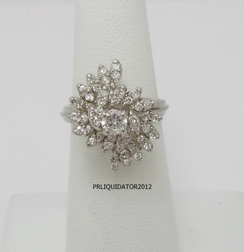 Vintage 1CT Natural Diamond Cluster Cocktail Wedding Bridal Ring 14K White Gold