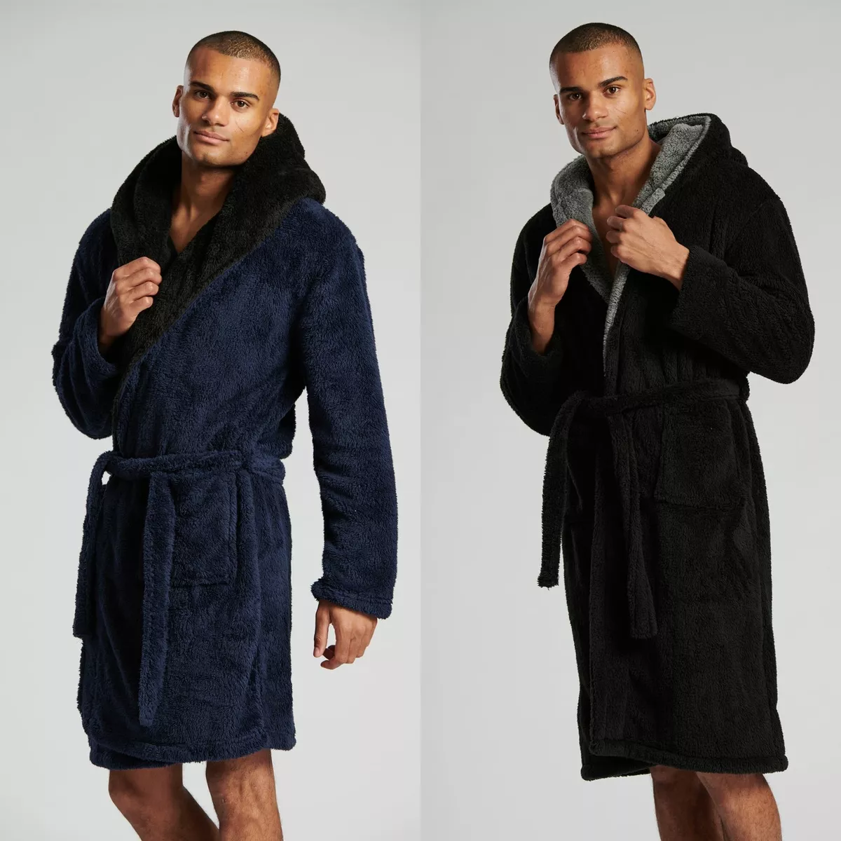 Mens Fleece Hooded Robe Soft Fluffy Thick Warm Dressing Gown With Hood Nightwear