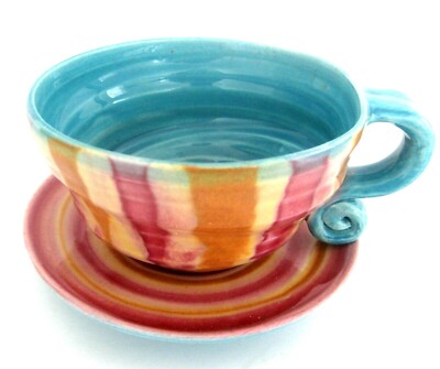 Studio Porcelain Stoneware Cup and Saucer Turquoise Pink Handcrafted Signed
