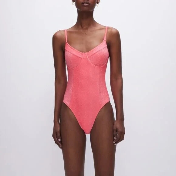 Good American Sparkle Show Off Underwire One-Piece Swimsuit in Fiery Coral 002