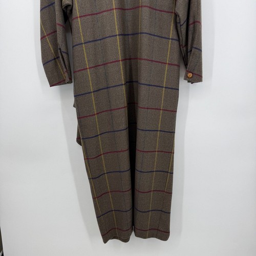 Vintage Nieman Marcus Brown Plaid Wool Blend Draped Wrap Coat Dress One Size - Picture 10 of 11