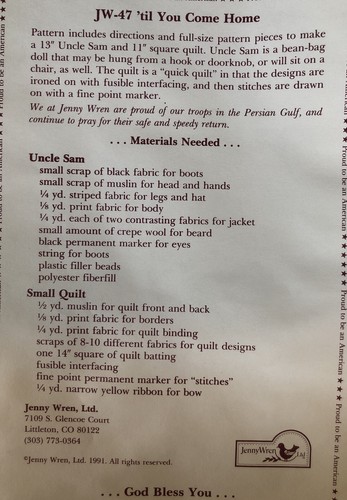 Vintage Craft Pattern: 'till You Come Home Uncle Sam & Quilt - Jenny Wren - Picture 5 of 5