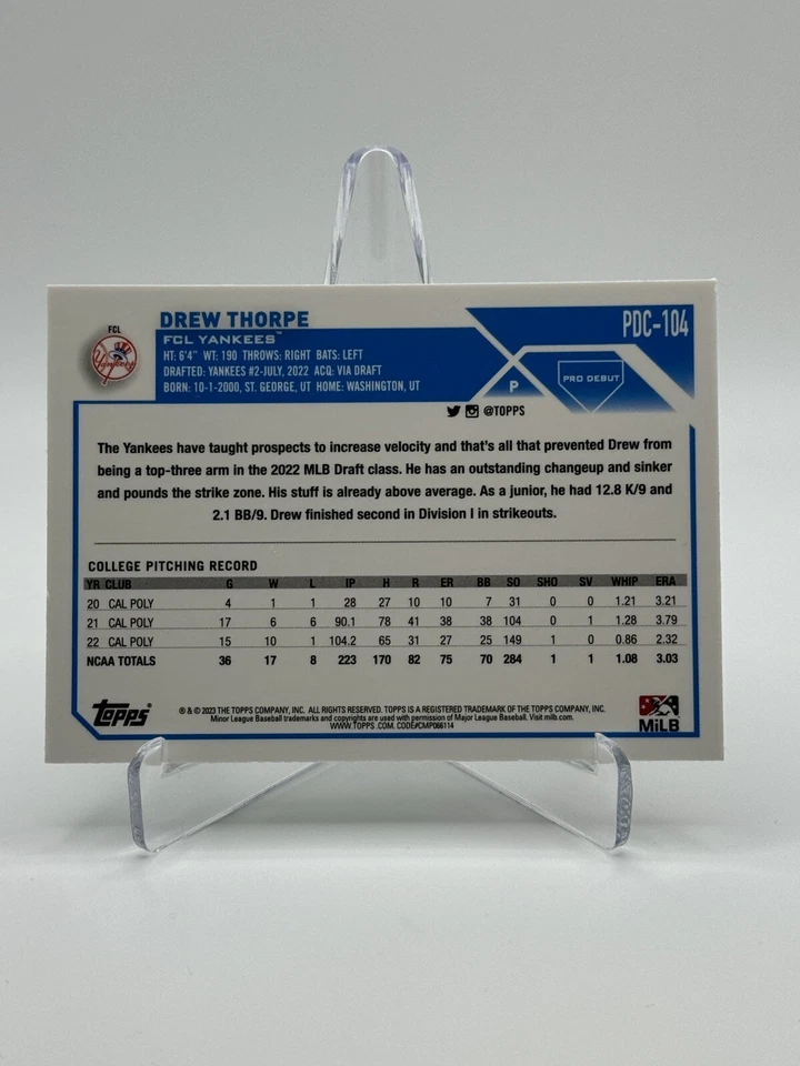 2023 Topps Pro Debut #PDC-104 DREW THORPE | Chrome - Image 2 of 2