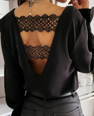 Elegante Bluse aus Polyester mit Spitzenrücken - Langarm-Hemd mit V-Ausschnitt
